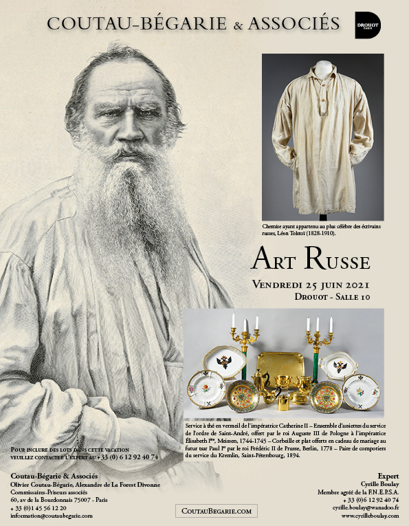 Affiche. Couteau-Bégarie. Drouot. Chemise ayant appartenu au plus célèbre des écrivains russes Léon Tolstoï (1828-1910). 2021-06-25